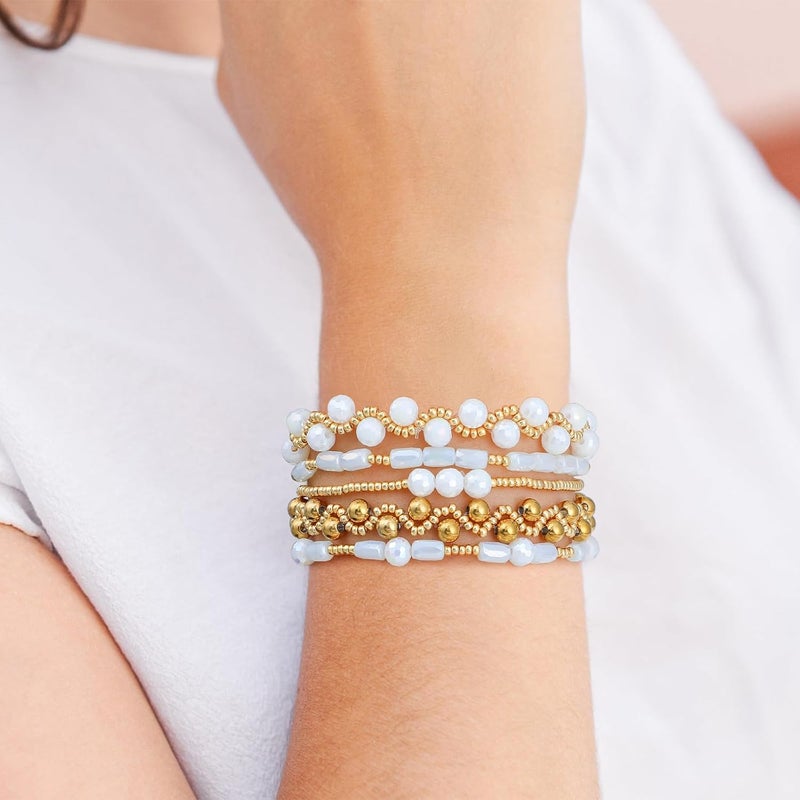 Pymach Store Dainty Gold Plated Pearl Crystal Beaded Bracelets Set for Women 14K Gold Plated Bead Pearl Beads Bracelet Stackable Paperclip Link Chain Bracelets Gold Plated Bracelets for Women Trendy Jewelry - Image 2